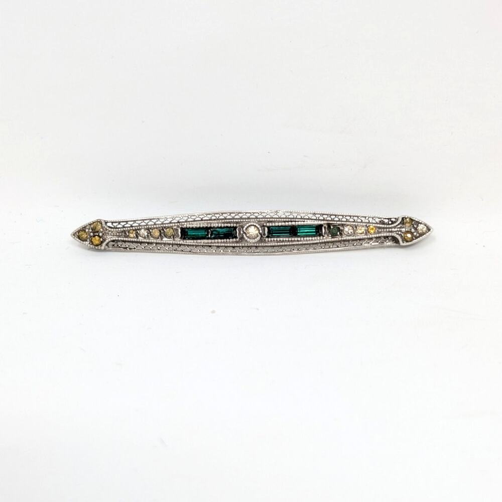 Vintage Art Deco Sterling Silver Green Baguette Rhinestone Bar Brooch - Picture 13 of 13